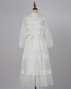 Lace stitching long half high collar dress