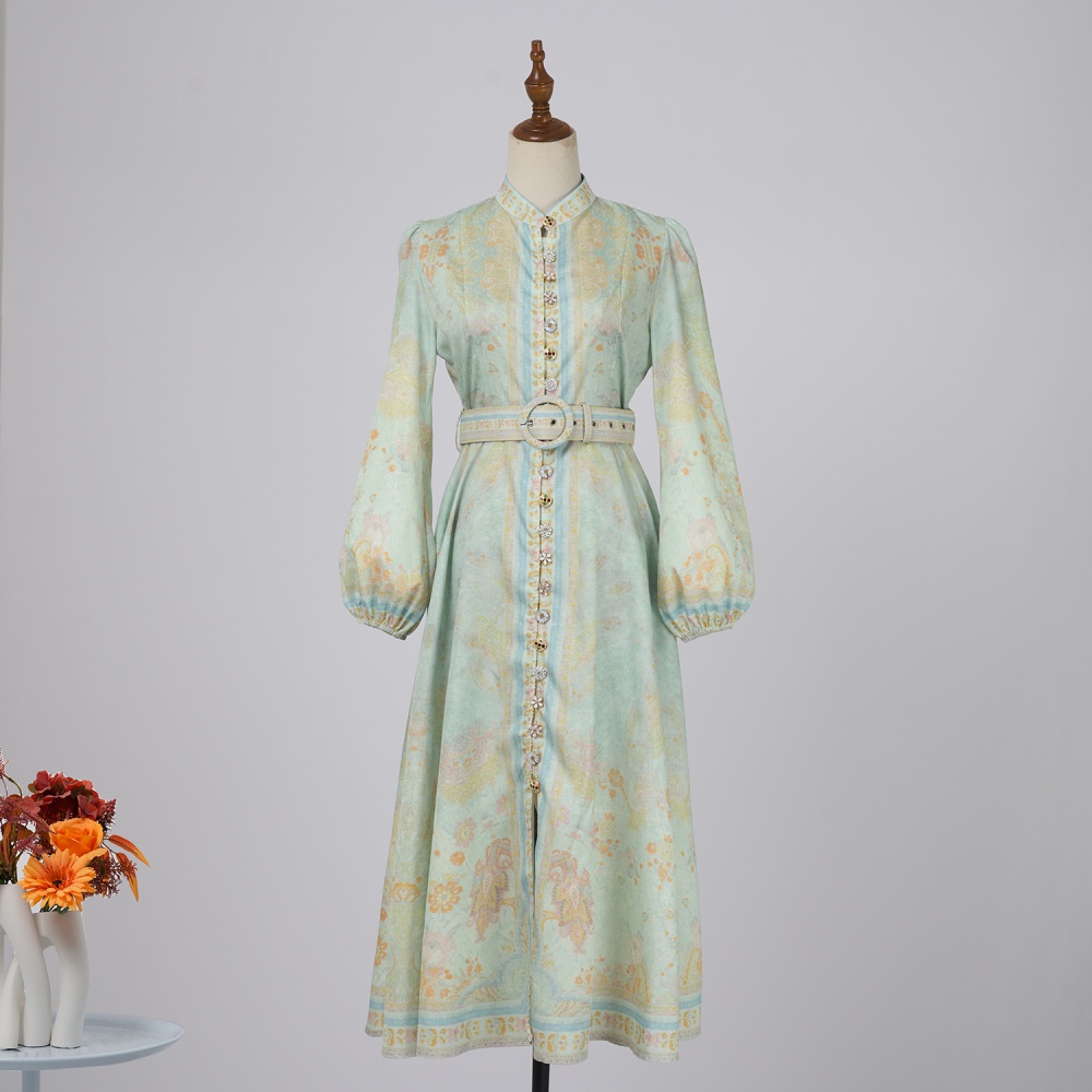 Long rhinestone lantern sleeve printing buckle dress