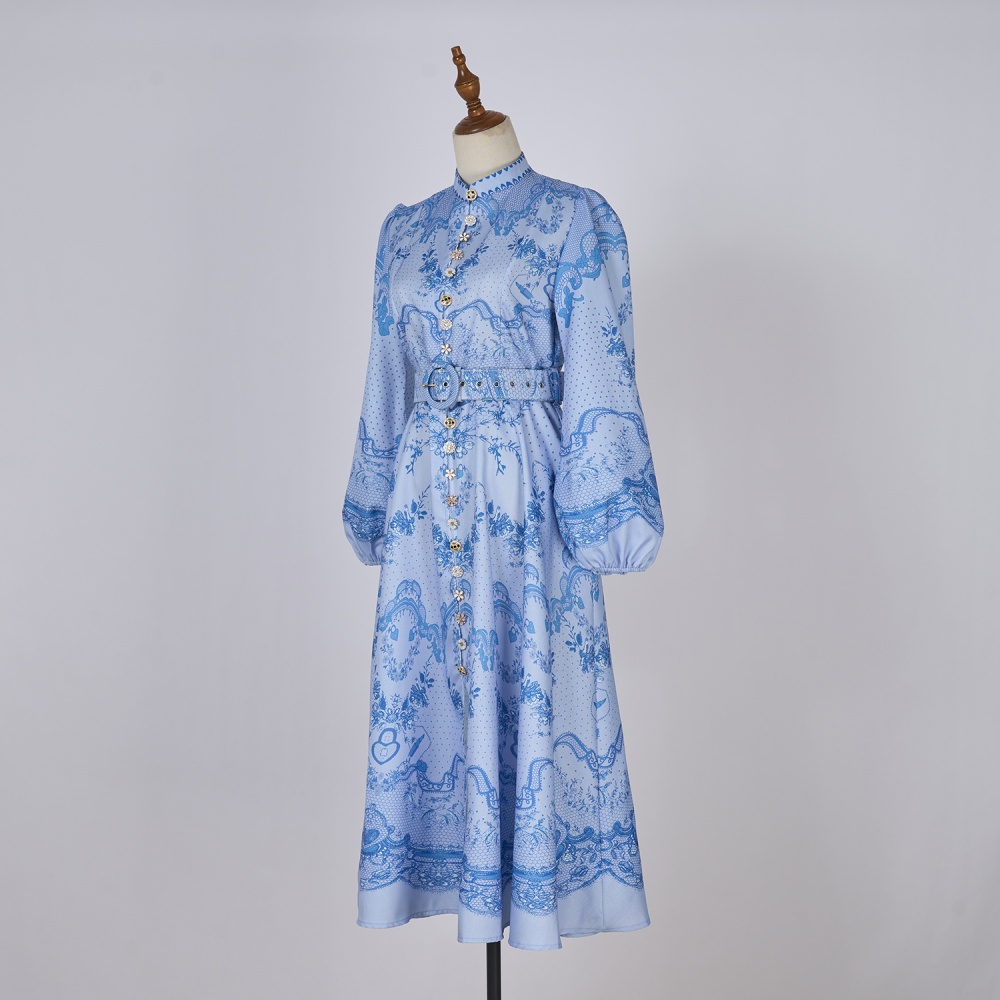 Long lantern sleeve half high collar retro printing dress