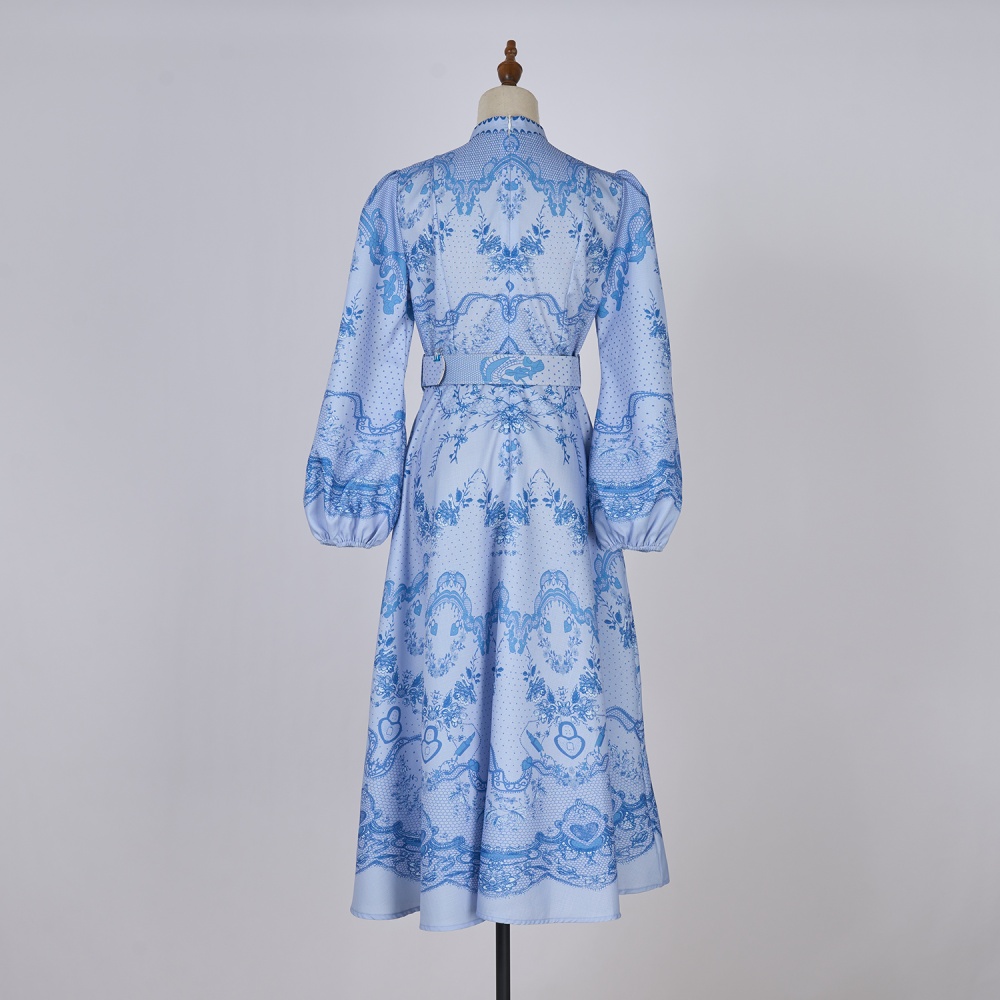 Long lantern sleeve half high collar retro printing dress