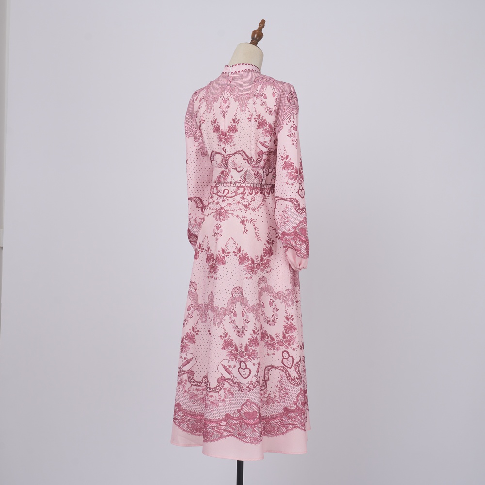 Long lantern sleeve half high collar retro printing dress