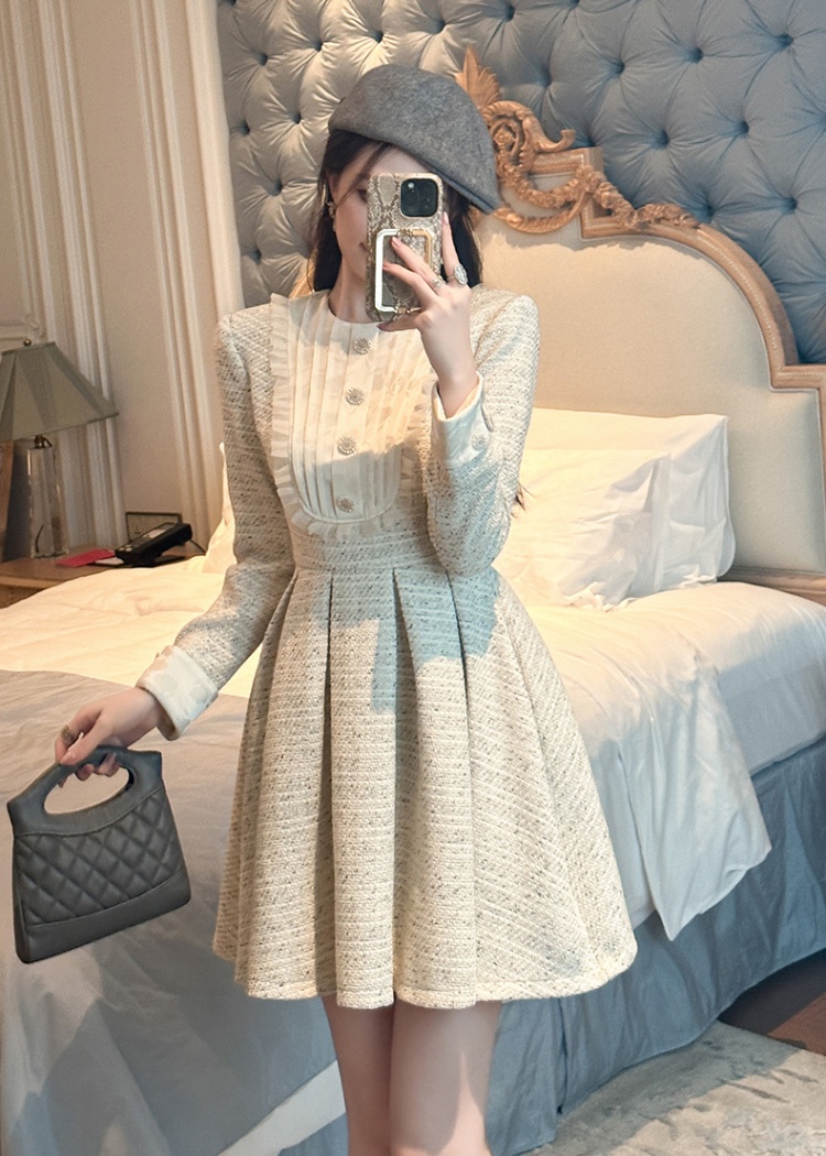 Pinched waist autumn and winter fold dress for women