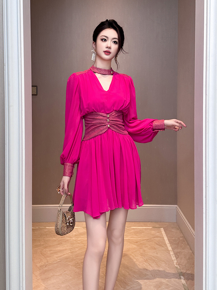 V-neck slim autumn and winter France style dress for women