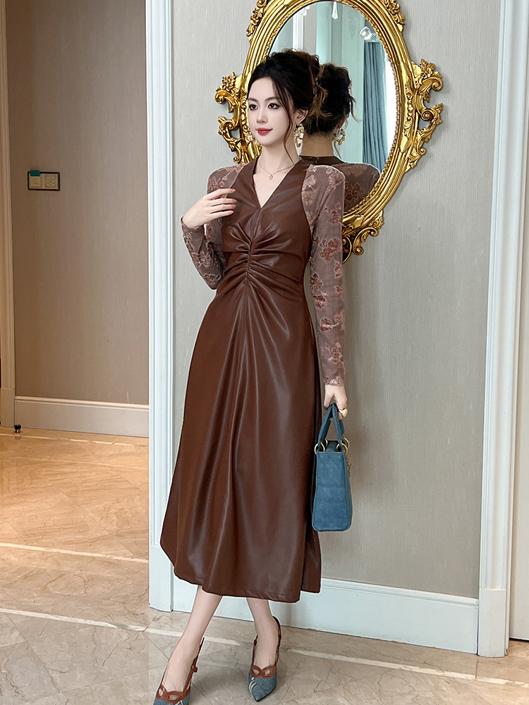 Drape slim A-line long dress V-neck PU dress for women