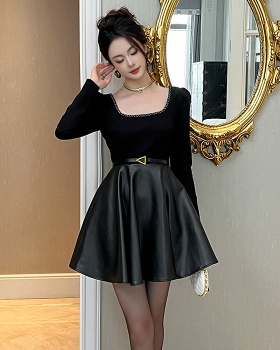 France style square collar PU temperament dress for women