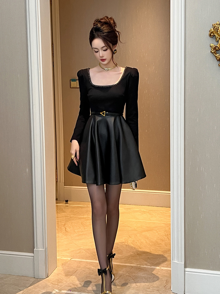 France style square collar PU temperament dress for women