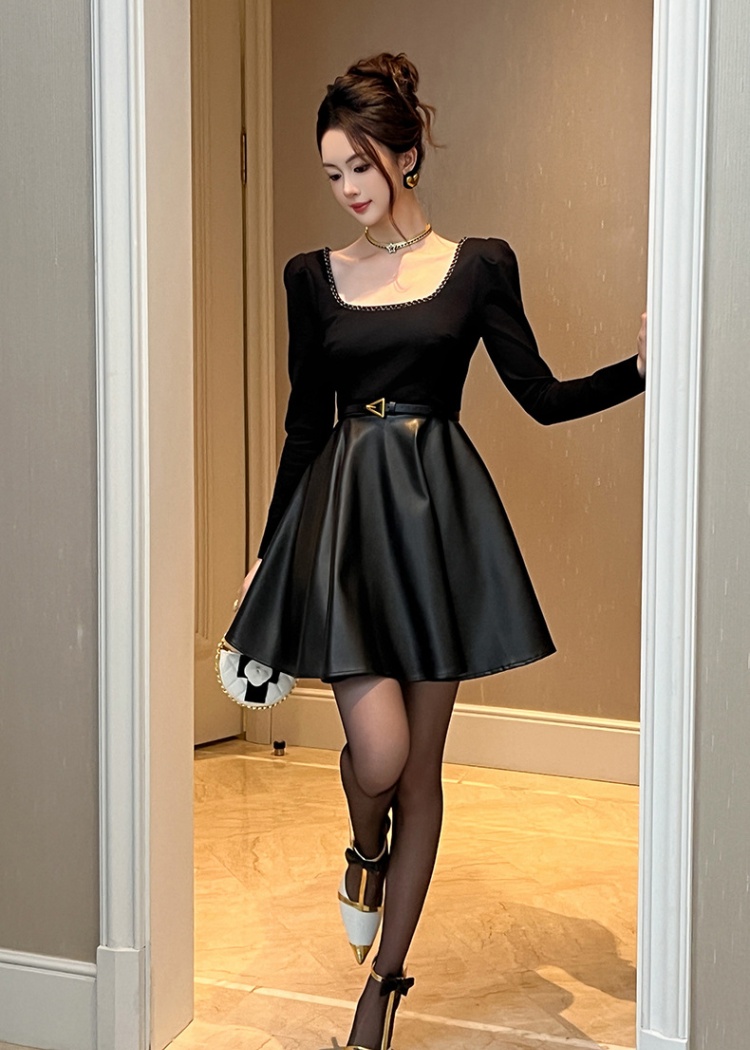 France style square collar PU temperament dress for women