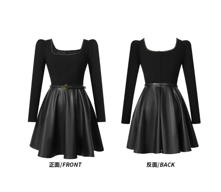 France style square collar PU temperament dress for women