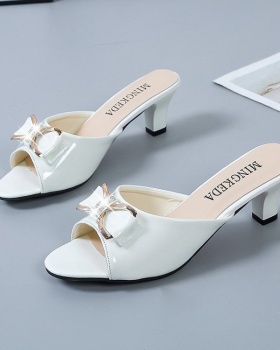 Summer fine-root bow middle-heel slippers for women