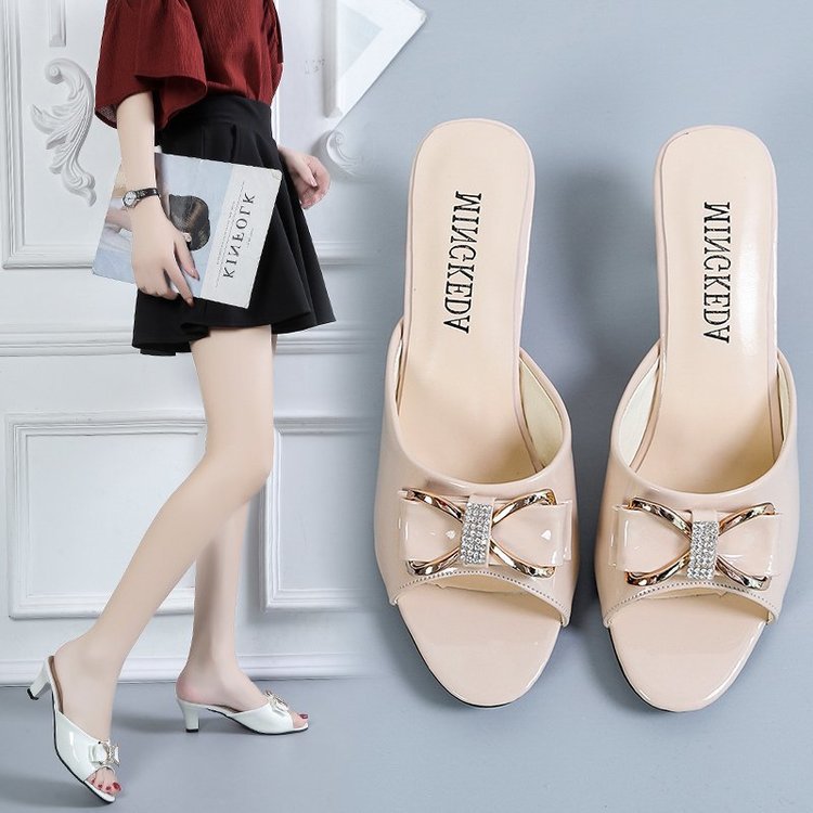 Summer fine-root bow middle-heel slippers for women