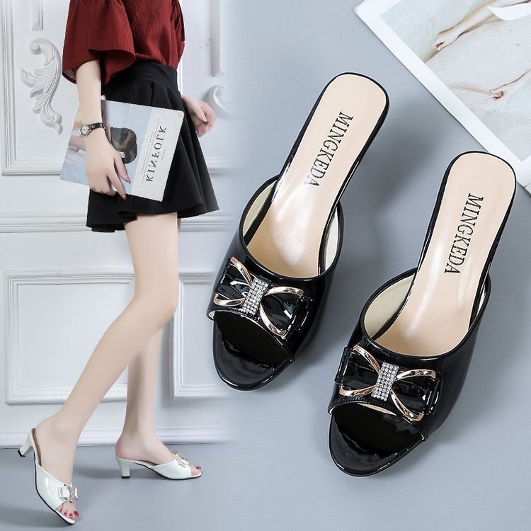 Summer fine-root bow middle-heel slippers for women