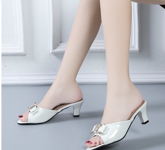 Summer fine-root bow middle-heel slippers for women