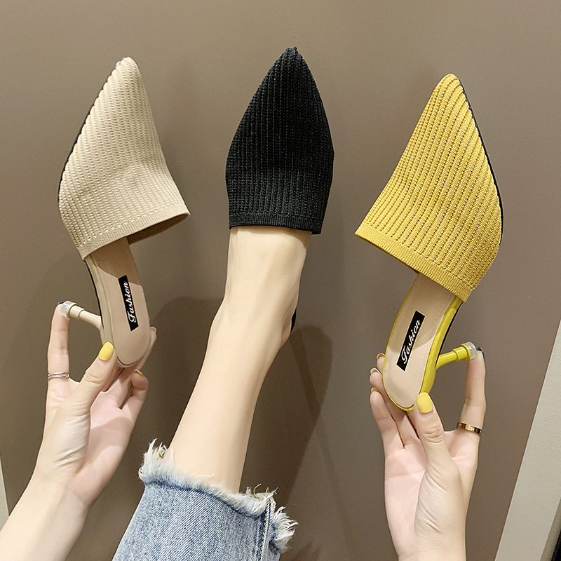 High-heeled weave fashion half pointed slippers for women