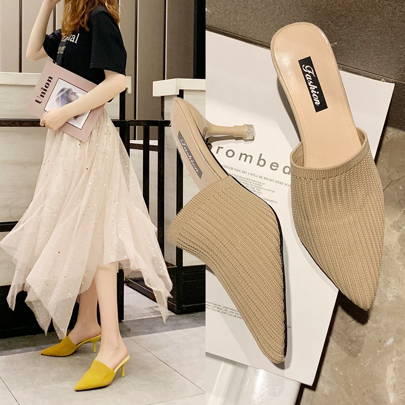 High-heeled weave fashion half pointed slippers for women