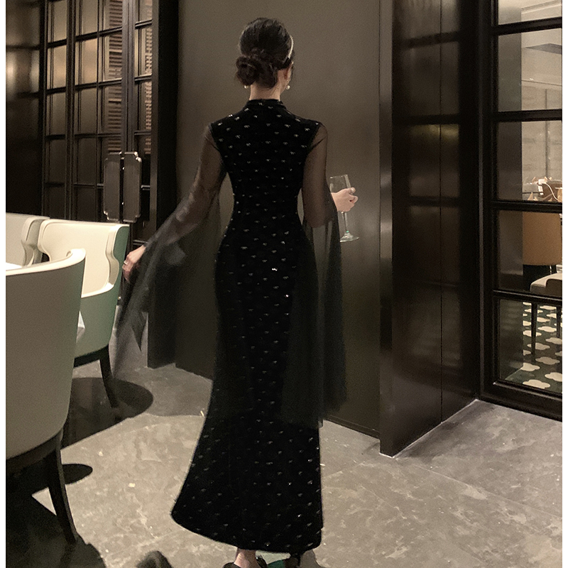 Diamond ladies long dress slim velvet evening dress