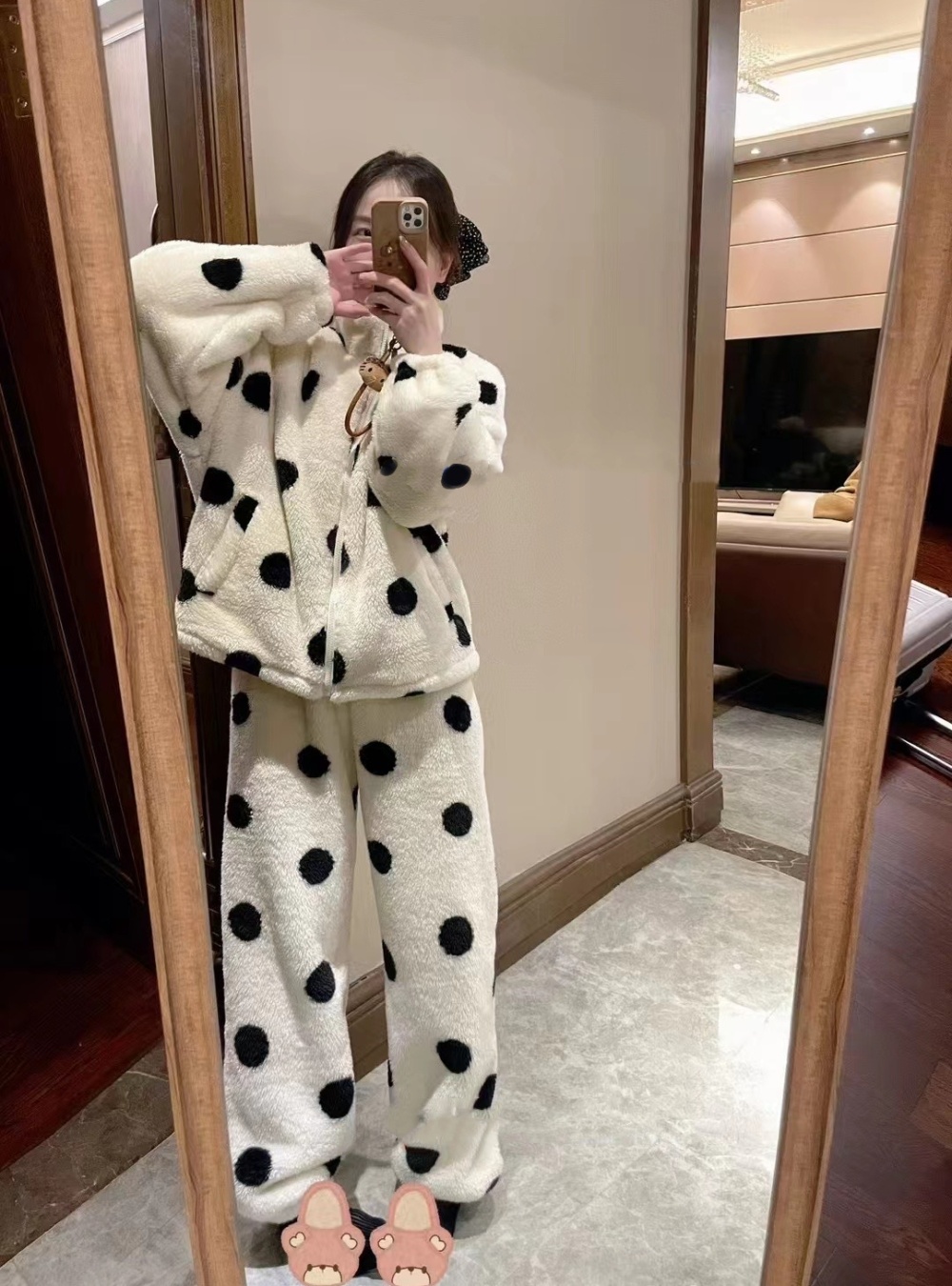 Winter long sleeve homewear thick polka dot plus velvet pajamas