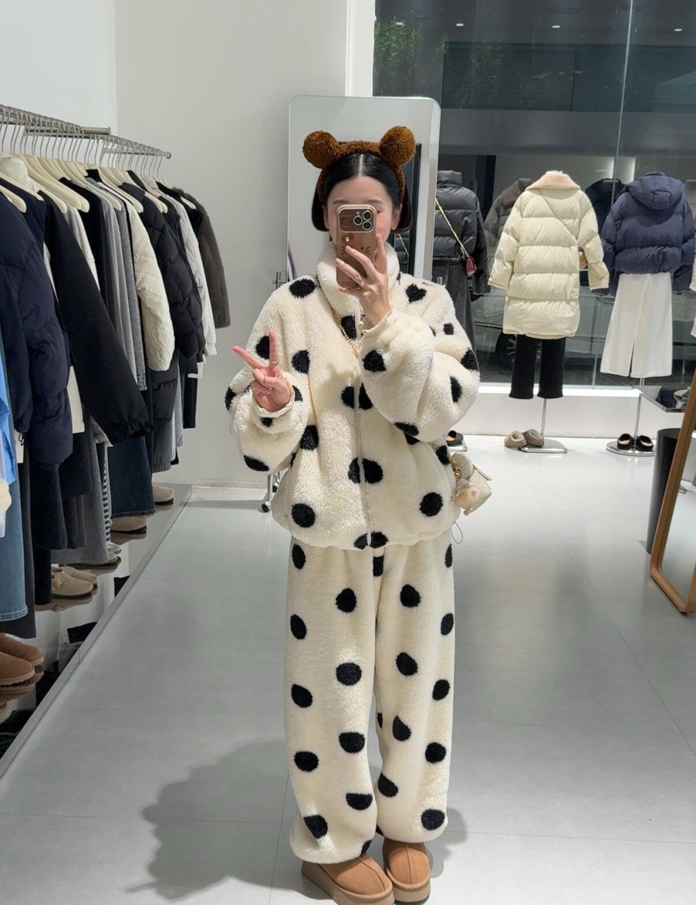 Winter long sleeve homewear thick polka dot plus velvet pajamas