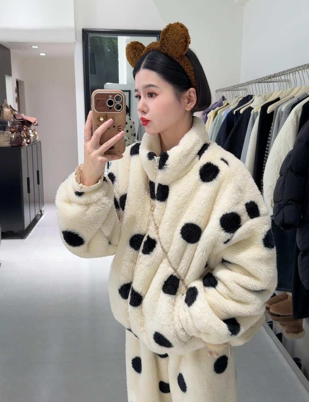 Winter long sleeve homewear thick polka dot plus velvet pajamas