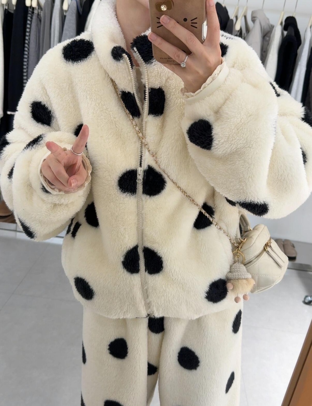 Winter long sleeve homewear thick polka dot plus velvet pajamas