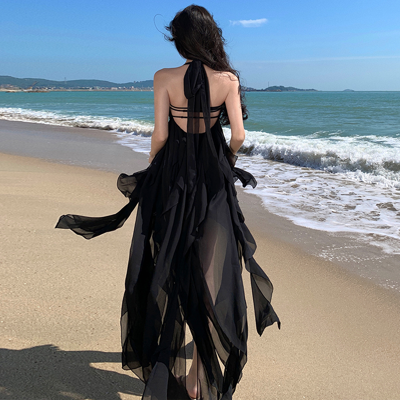 Vacation wrapped chest dress chiffon beautiful long dress