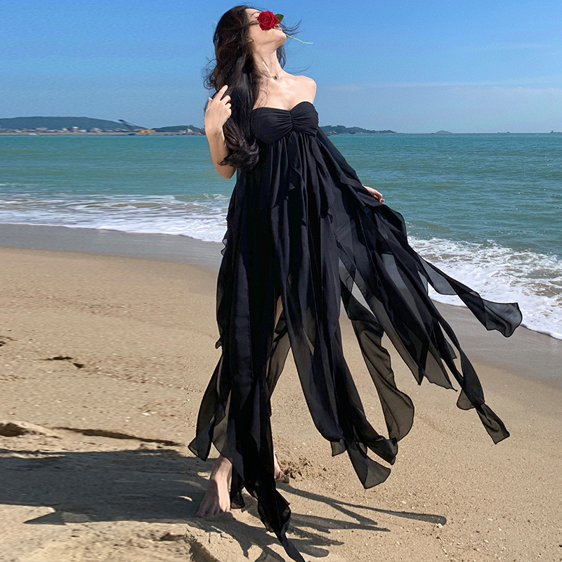 Vacation wrapped chest dress chiffon beautiful long dress