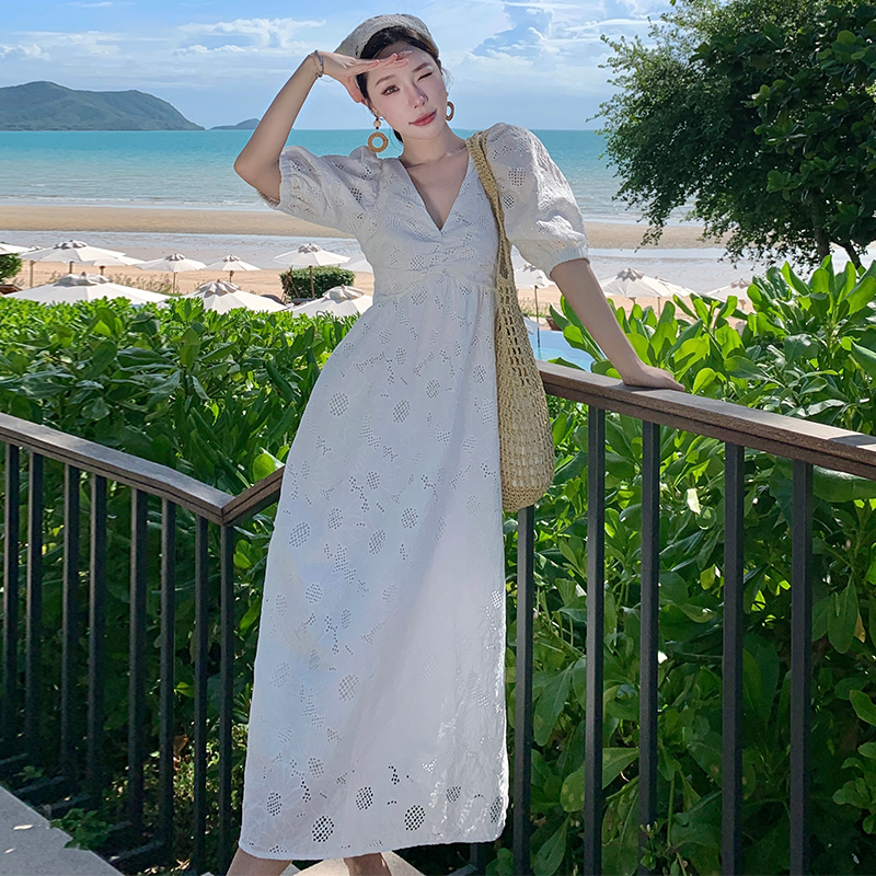 Retro puff sleeve hollow dress summer embroidery long dress