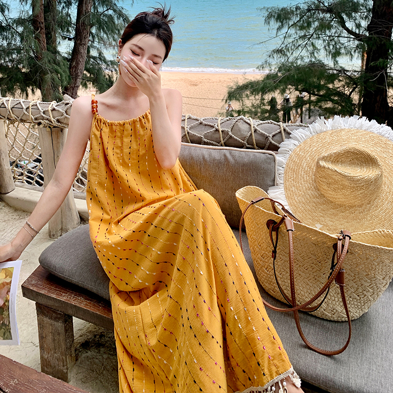 Vacation seaside sling dress tassels summer long dress