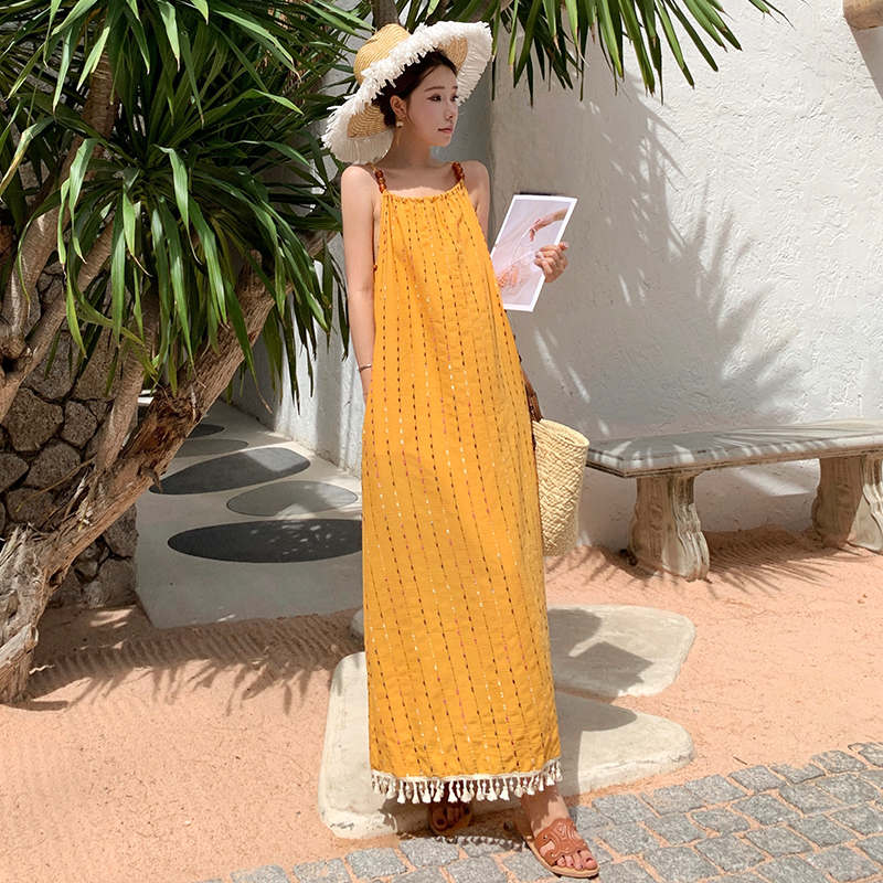 Vacation seaside sling dress tassels summer long dress