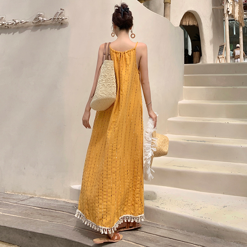 Vacation seaside sling dress tassels summer long dress