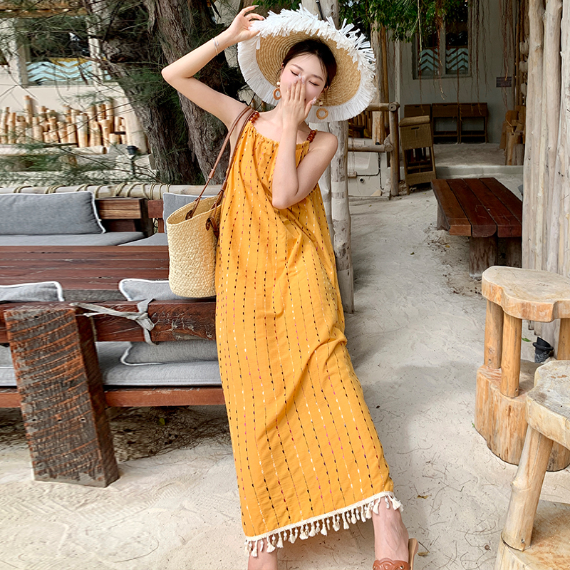 Vacation seaside sling dress tassels summer long dress