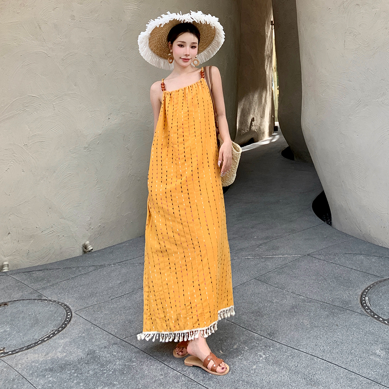 Vacation seaside sling dress tassels summer long dress