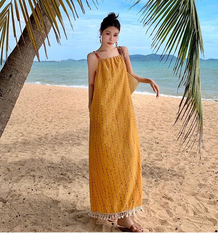 Vacation seaside sling dress tassels summer long dress