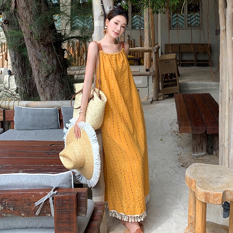 Vacation seaside sling dress tassels summer long dress