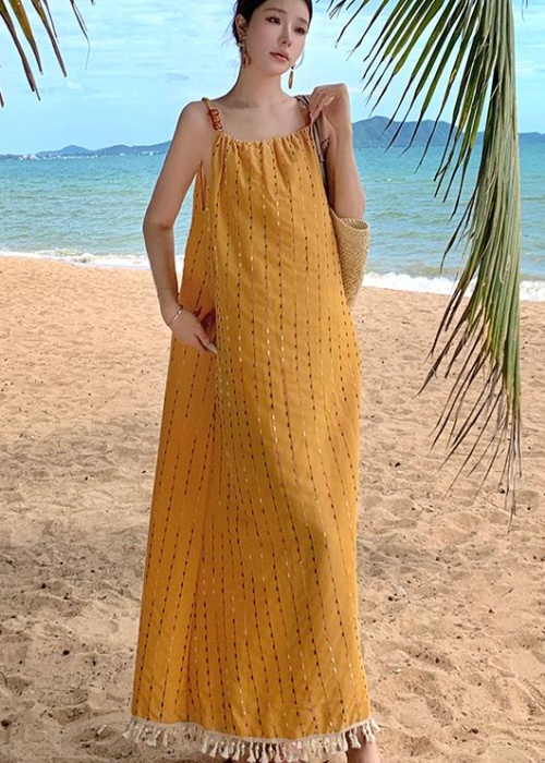 Vacation seaside sling dress tassels summer long dress