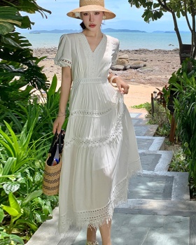 Lady white long dress pinched waist vacation dress