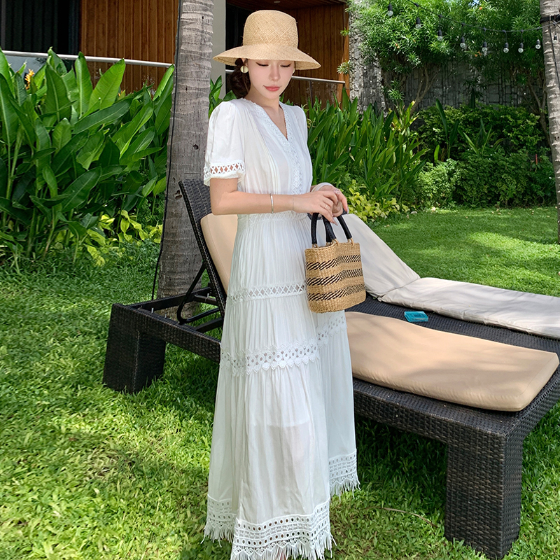 Lady white long dress pinched waist vacation dress