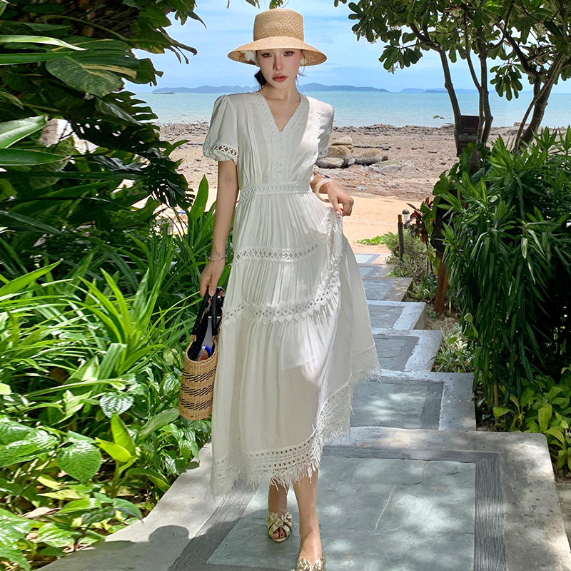 Lady white long dress pinched waist vacation dress