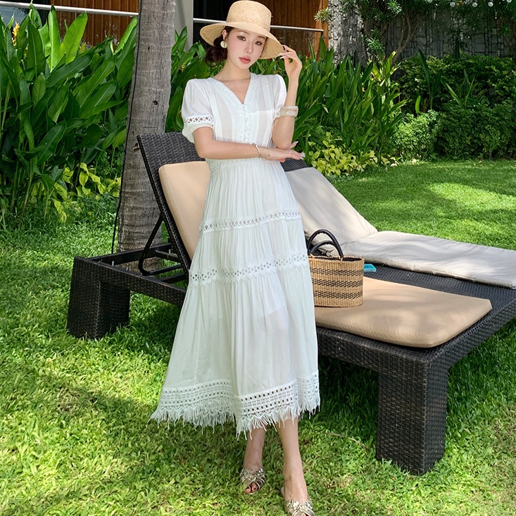 Lady white long dress pinched waist vacation dress