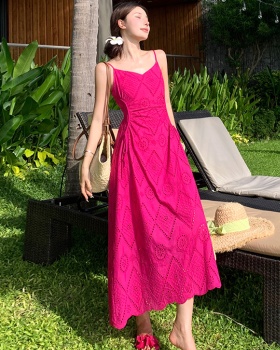 Embroidery summer long dress sling rose-red dress for women