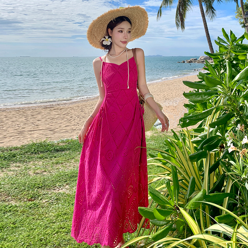 Embroidery summer long dress sling rose-red dress for women