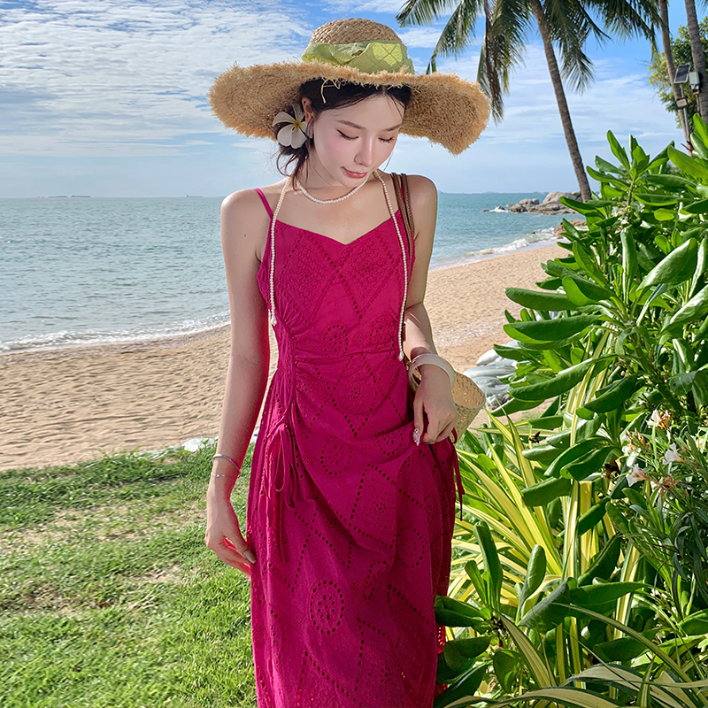 Embroidery summer long dress sling rose-red dress for women