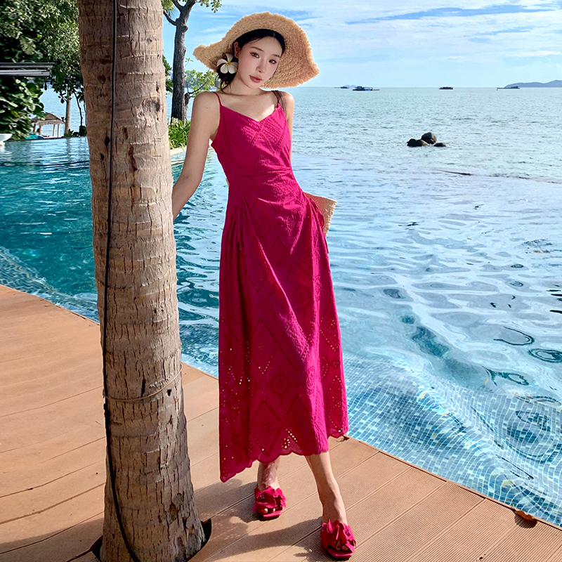 Embroidery summer long dress sling rose-red dress for women