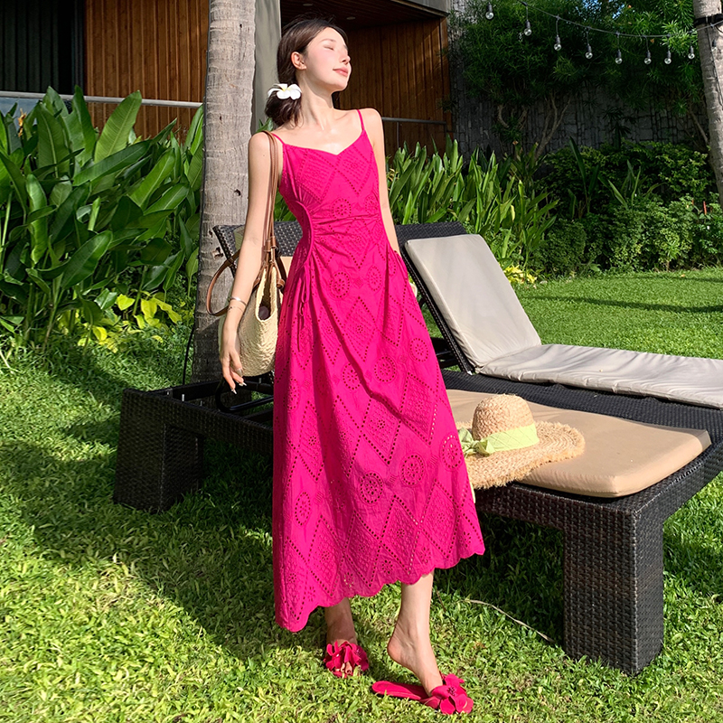 Embroidery summer long dress sling rose-red dress for women