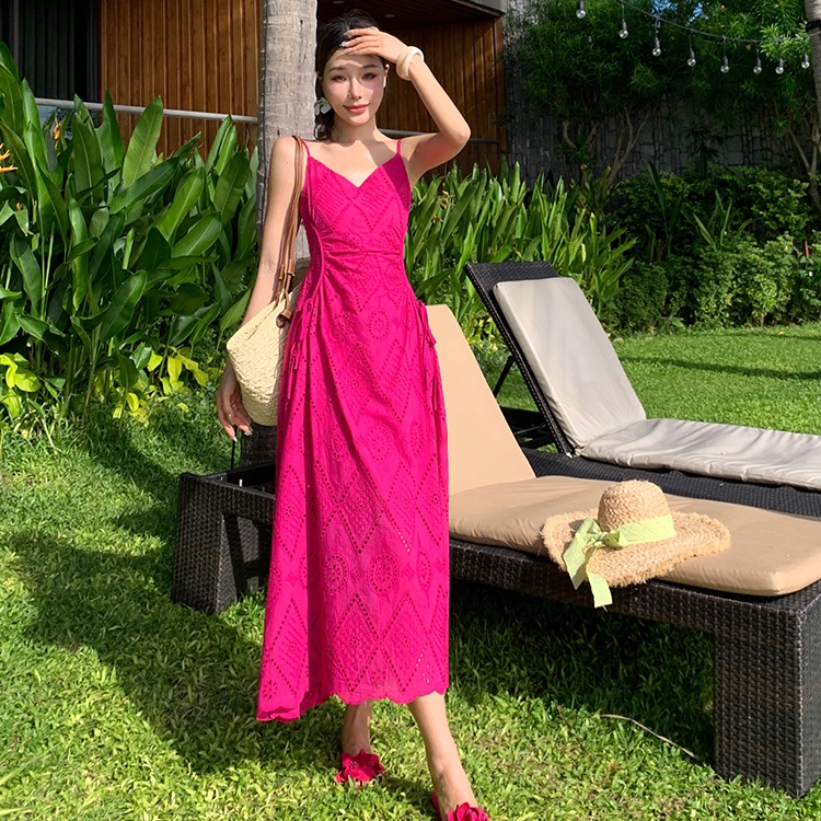 Embroidery summer long dress sling rose-red dress for women