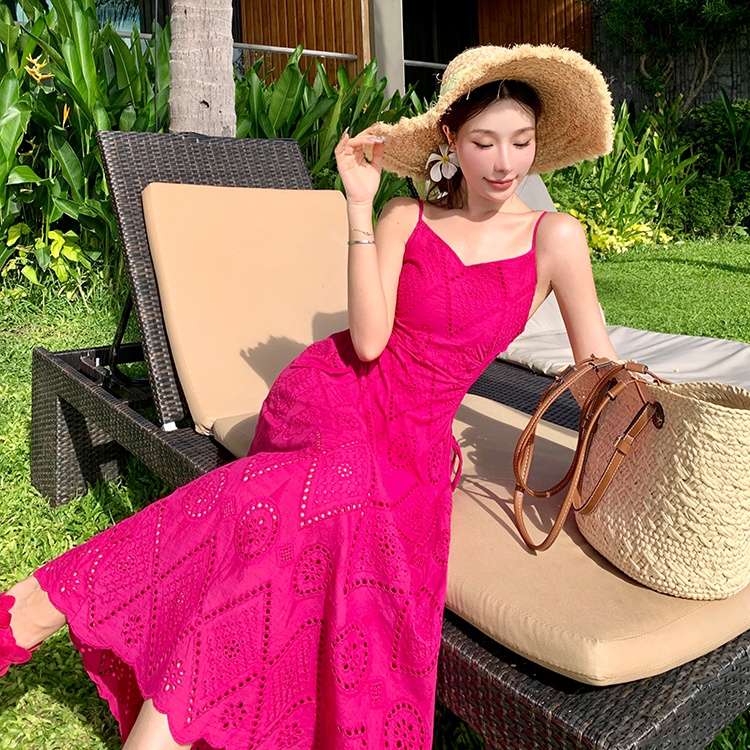 Embroidery summer long dress sling rose-red dress for women