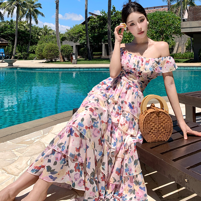 Crimp streamer dress floral cake long dress