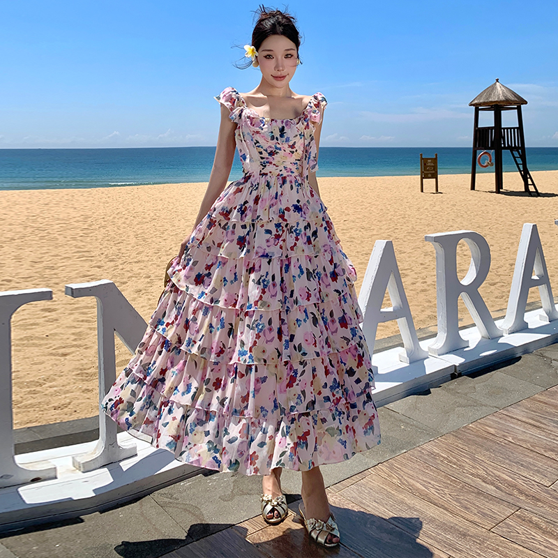 Crimp streamer dress floral cake long dress