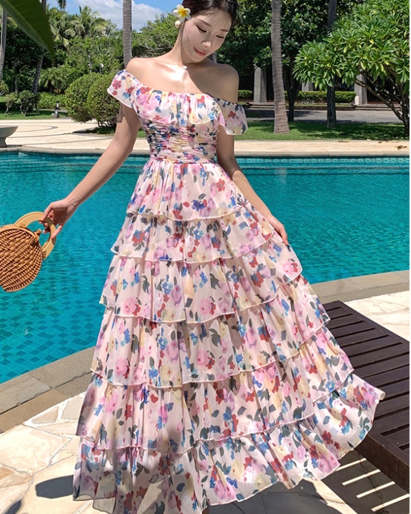 Crimp streamer dress floral cake long dress