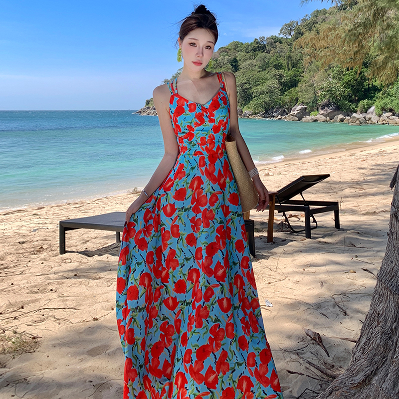 Sandy beach halter dress seaside Casual long dress