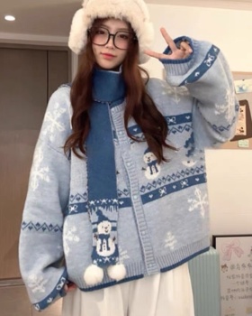 Thick lazy knitted coat autumn and winter blue cardigan